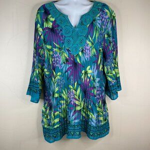 Catherines Womens Tropical Tunic Top Sizse 3X Crochet Stretchy Bright Vacation‎